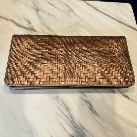 COLE HAAN  EUC Bronze BRAIDED LEATHER  14.5”x7”  Travel Wallet Purse  Lg Clutch